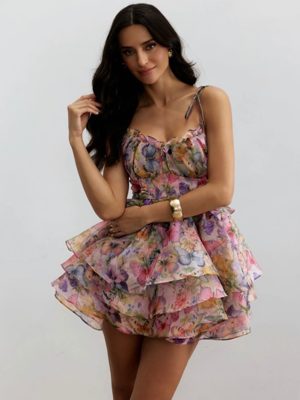 Vita Butterfly Print Ruffle Layered Mini Dress
